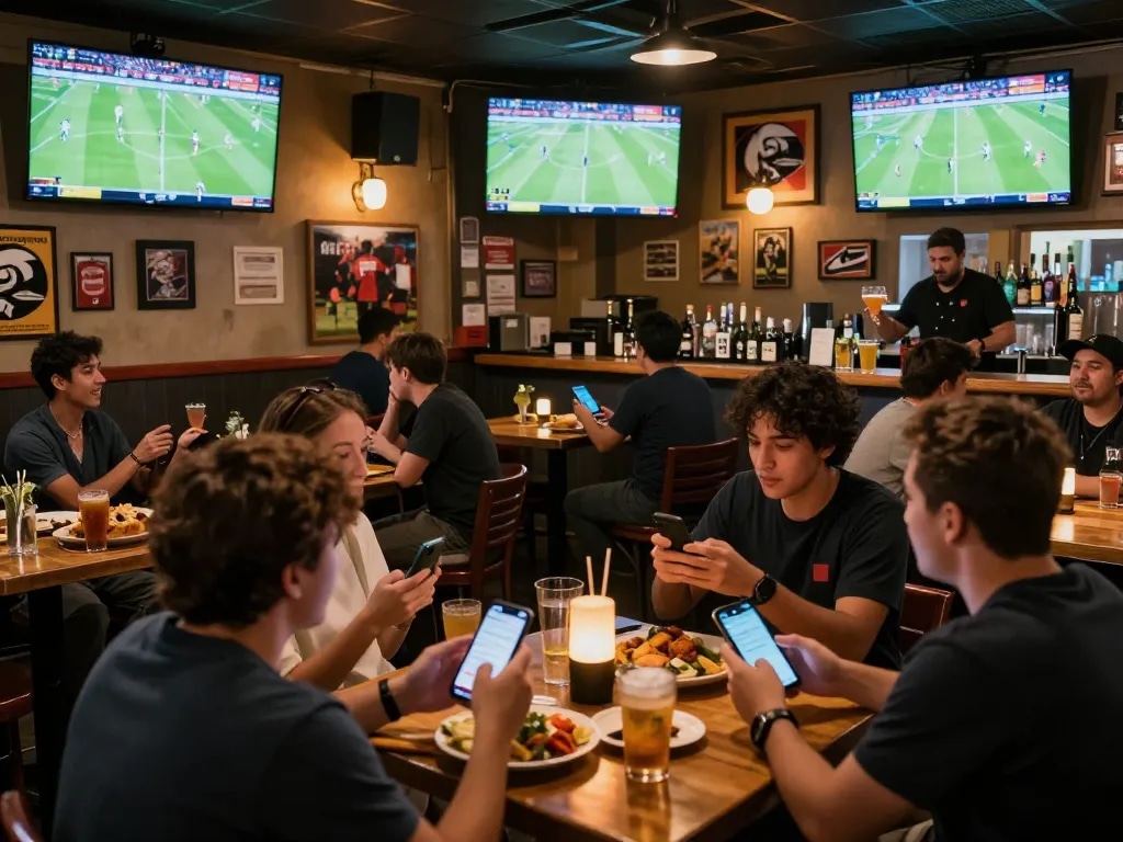 Soi Kèo fans enjoying live sports betting at a vibrant sports bar during a football match.