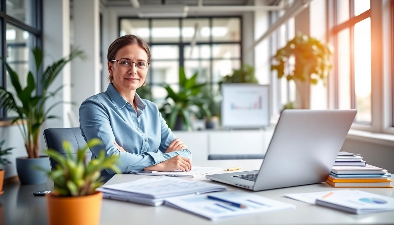 Engaging scene of a bookkeeping service professional organizing finances and data in a bright office.