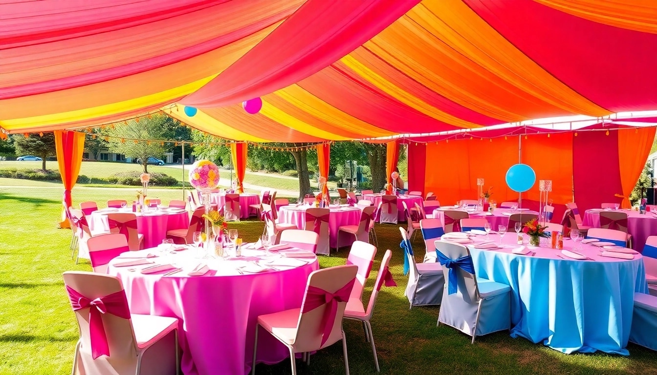 Engaging party rentals setup featuring colorful decorations and elegant table arrangements.
