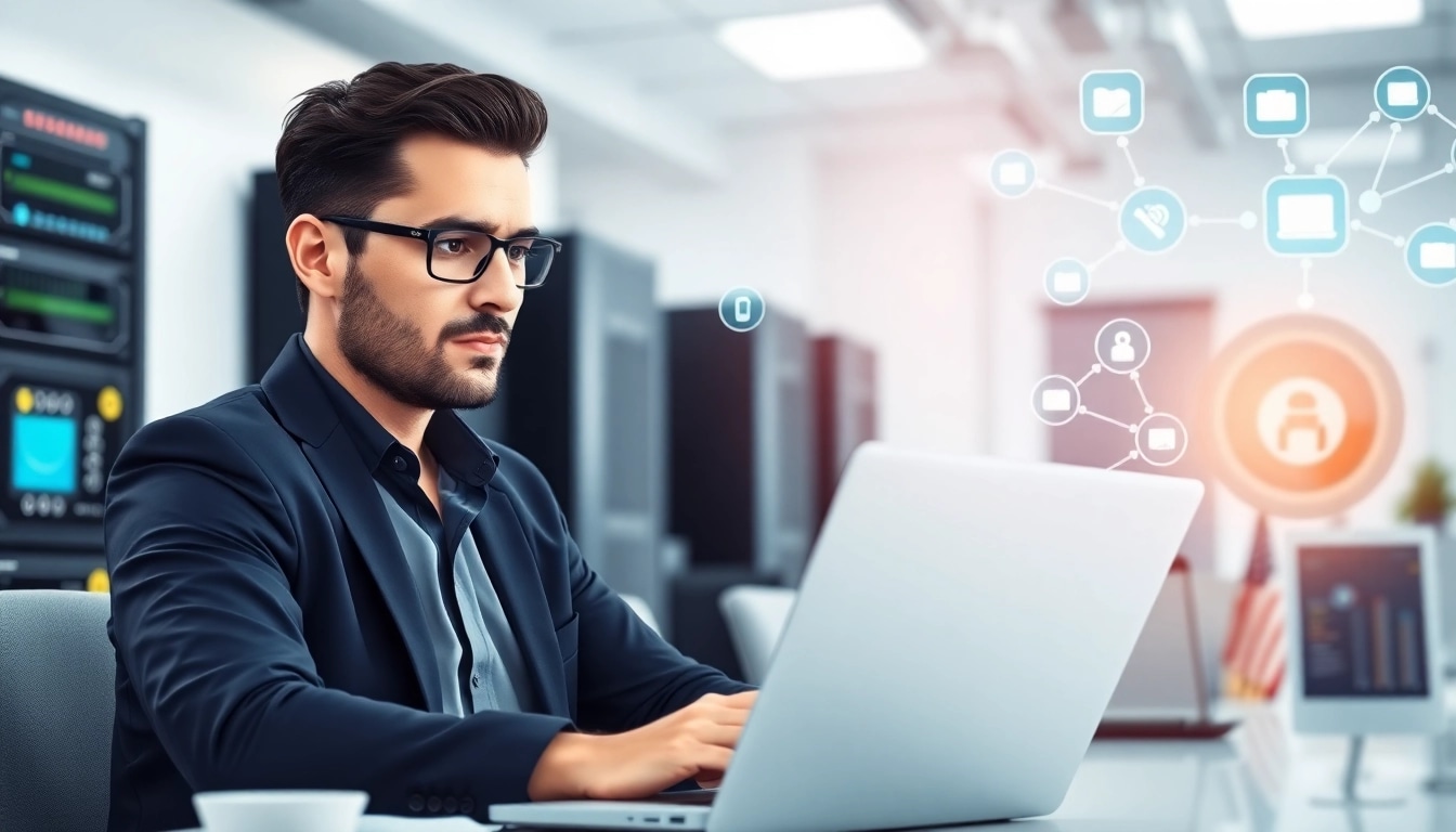 Managed IT services near me: IT manager assisting clients with technology solutions in a modern office.
