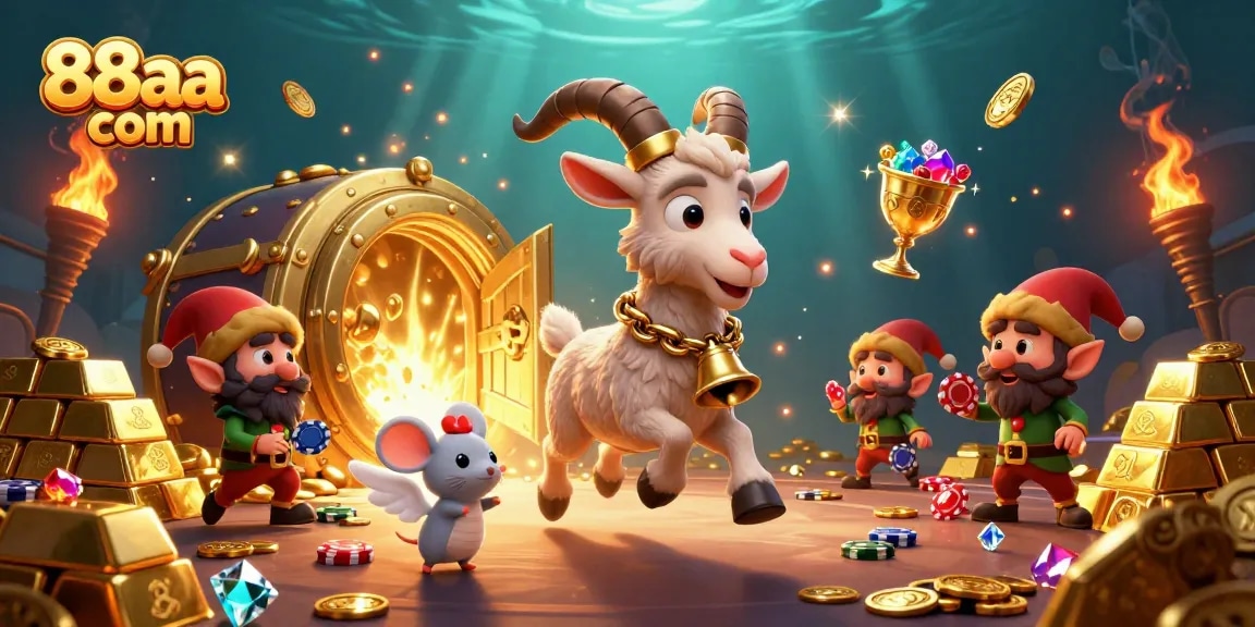 Join the fun at 88aa com with festive casino characters amidst jackpot treasures and vibrant gaming excitement.
