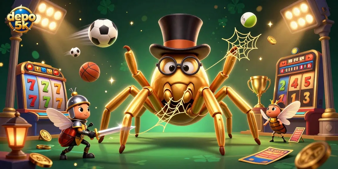 Experience thrill with depo 5k as golden symbols spin in this vibrant casino scene.
