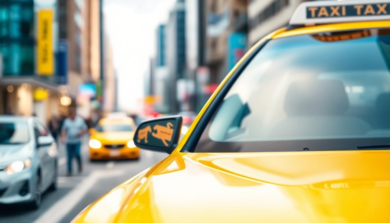 Experience reliable LONG DISTANCE TAXI TRANSFERS in a vibrant urban environment with a sleek taxi in action.