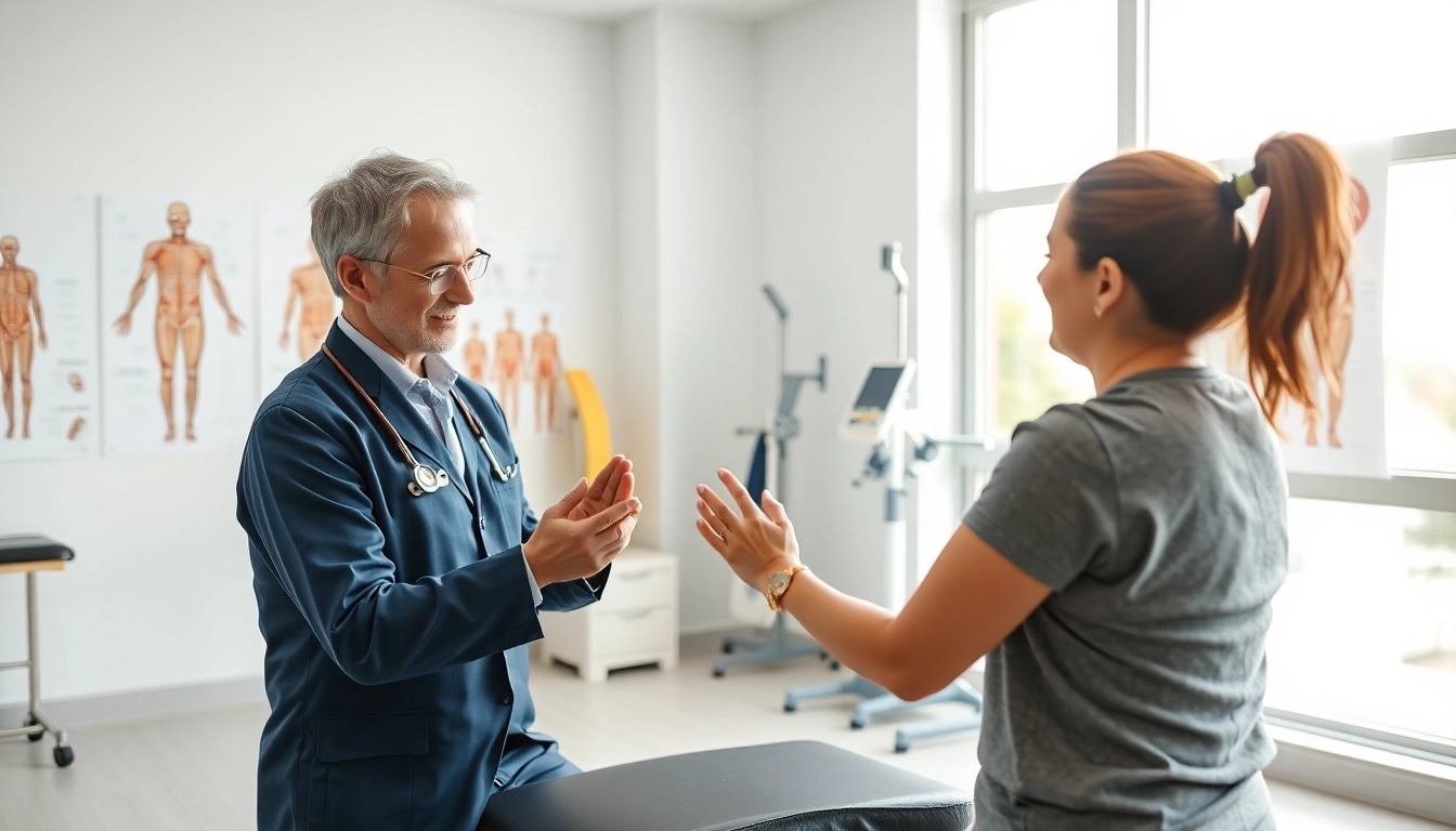 Physiotherapie: Therapeut bei der Behandlung eines Patienten in einer modernen Klinik.