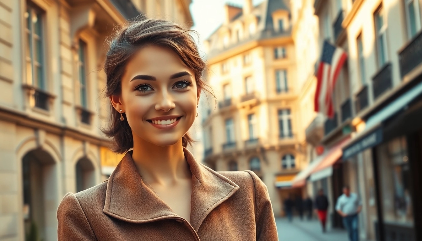 A young woman embodies Mademoisele elegance against a Parisian backdrop, showcasing style and confidence.