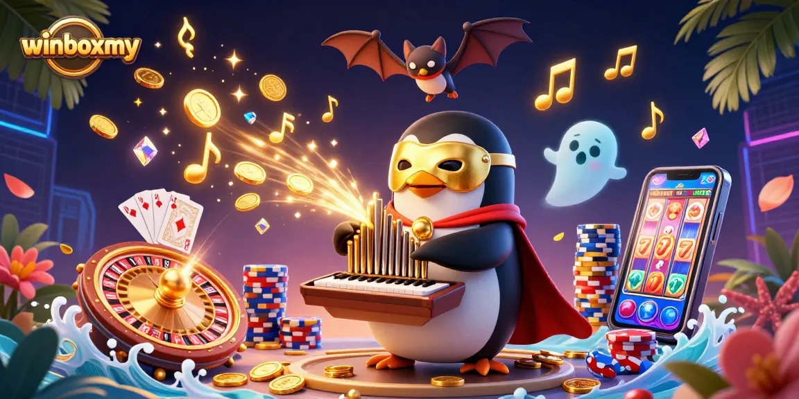 Engage with winboxmy's thrilling casino elements featuring vibrant games, golden coins, and lively characters.
