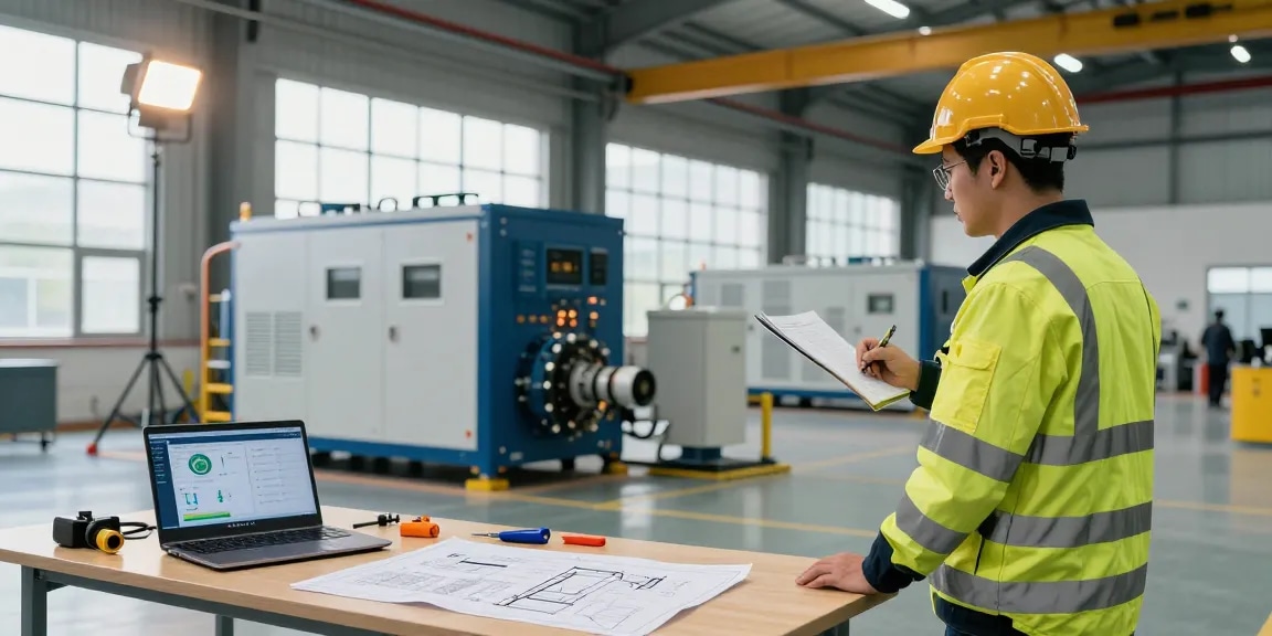 Engineer inspecting a gas CHP unit for effective Power Generation in a dynamic industrial setting