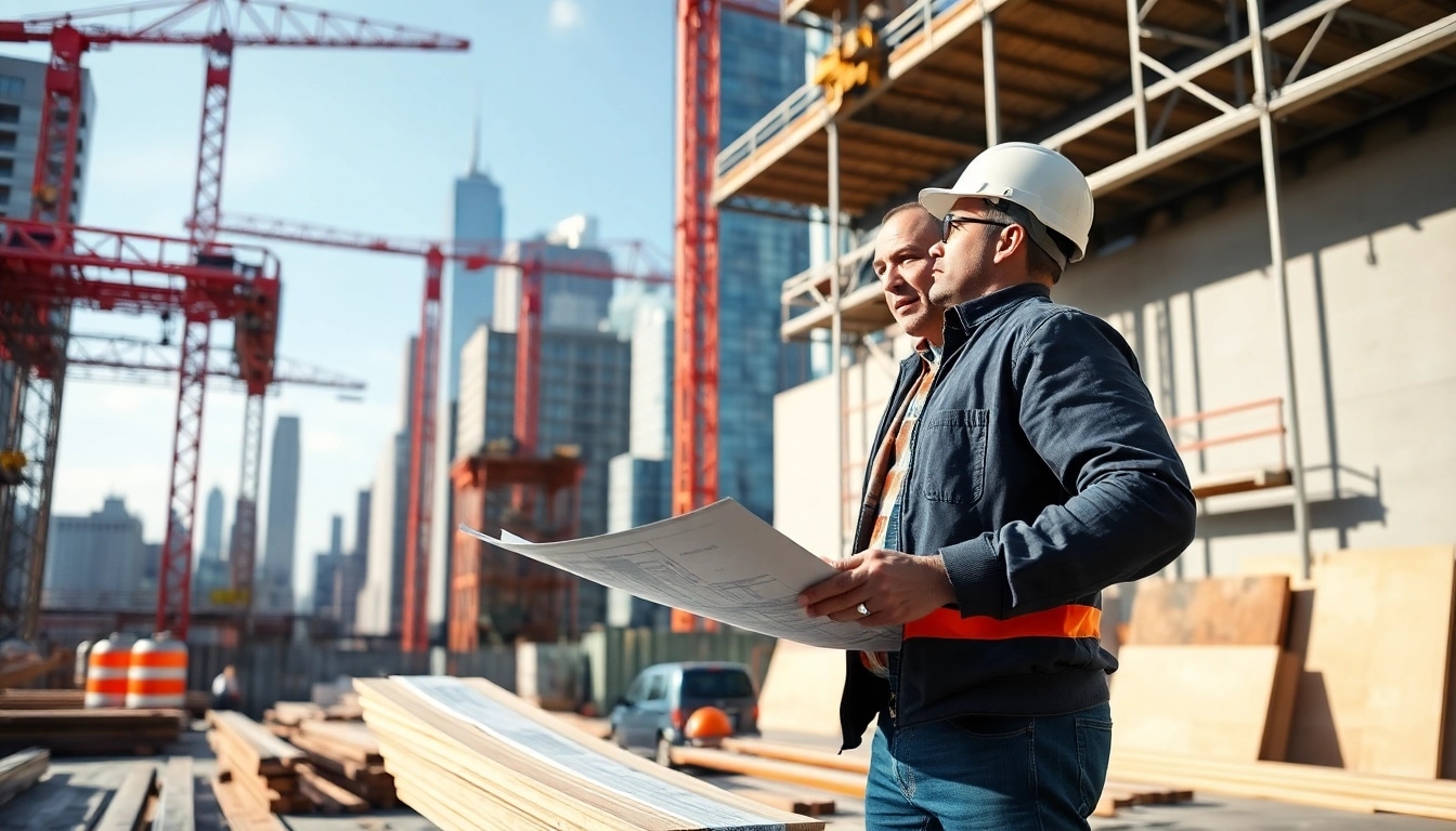 New York Commercial General Contractor collaborating on a construction site amidst city skyline.