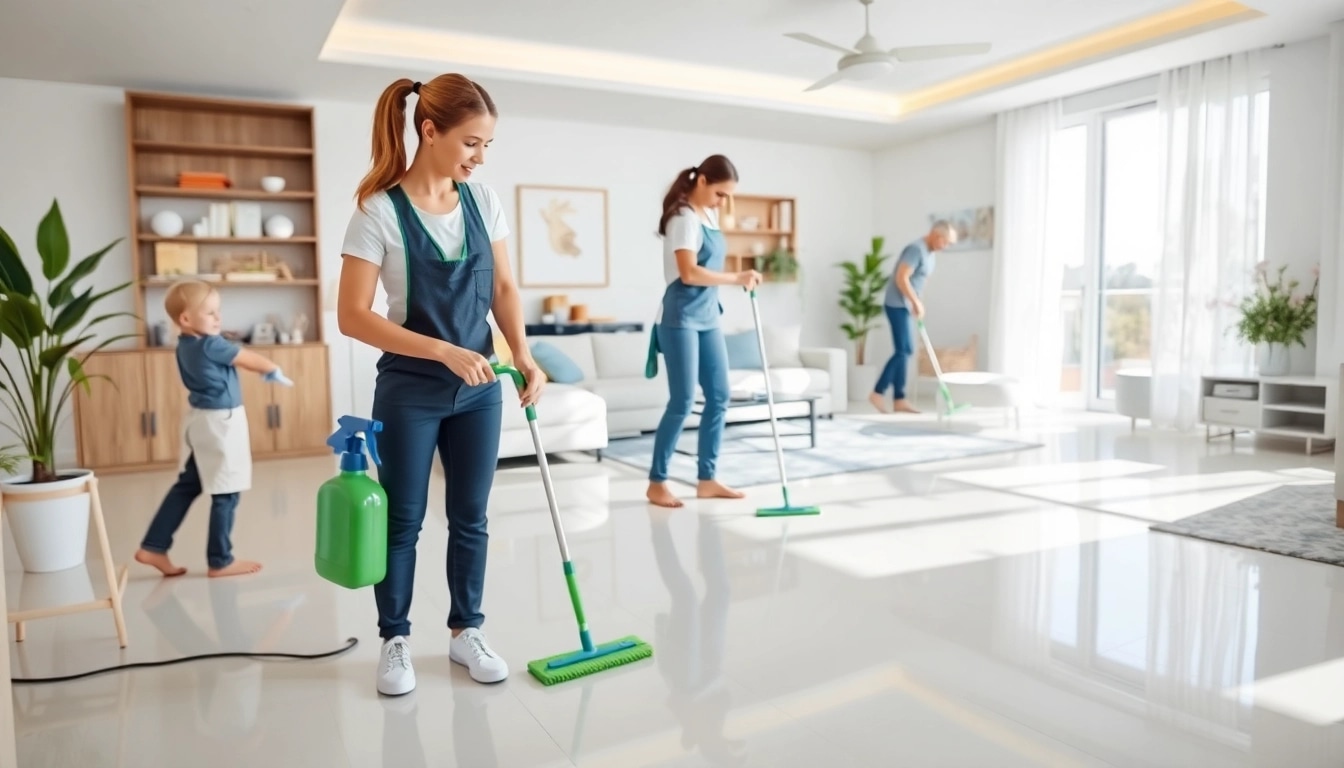 Cleaning service team actively cleaning a bright, modern home with eco-friendly products.