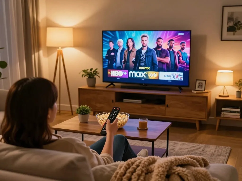 Enjoying HBO Max Right on a cozy sofa with popcorn and warm lighting in a stylish living room.