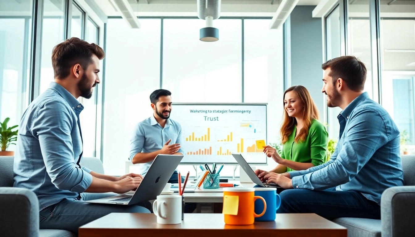 Engaged team at https://www.fire85.com discussing digital marketing strategies in a bright office setting.