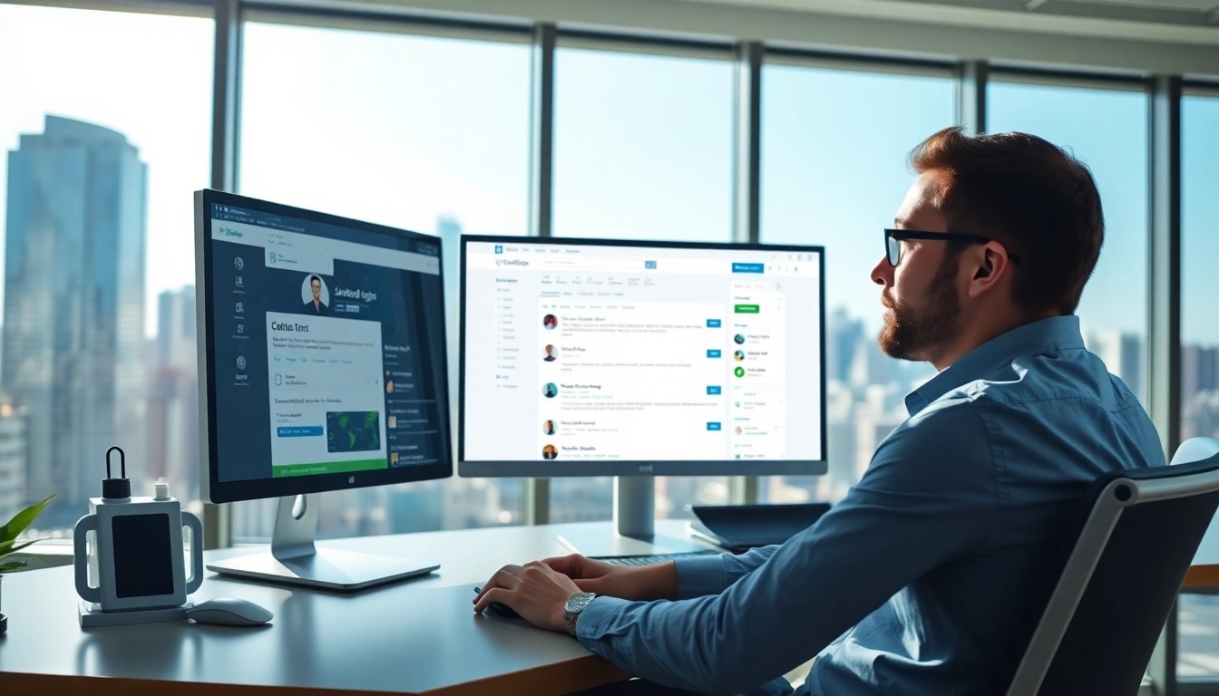 Scrape LinkedIn search results displayed on a computer screen with an analyst working.