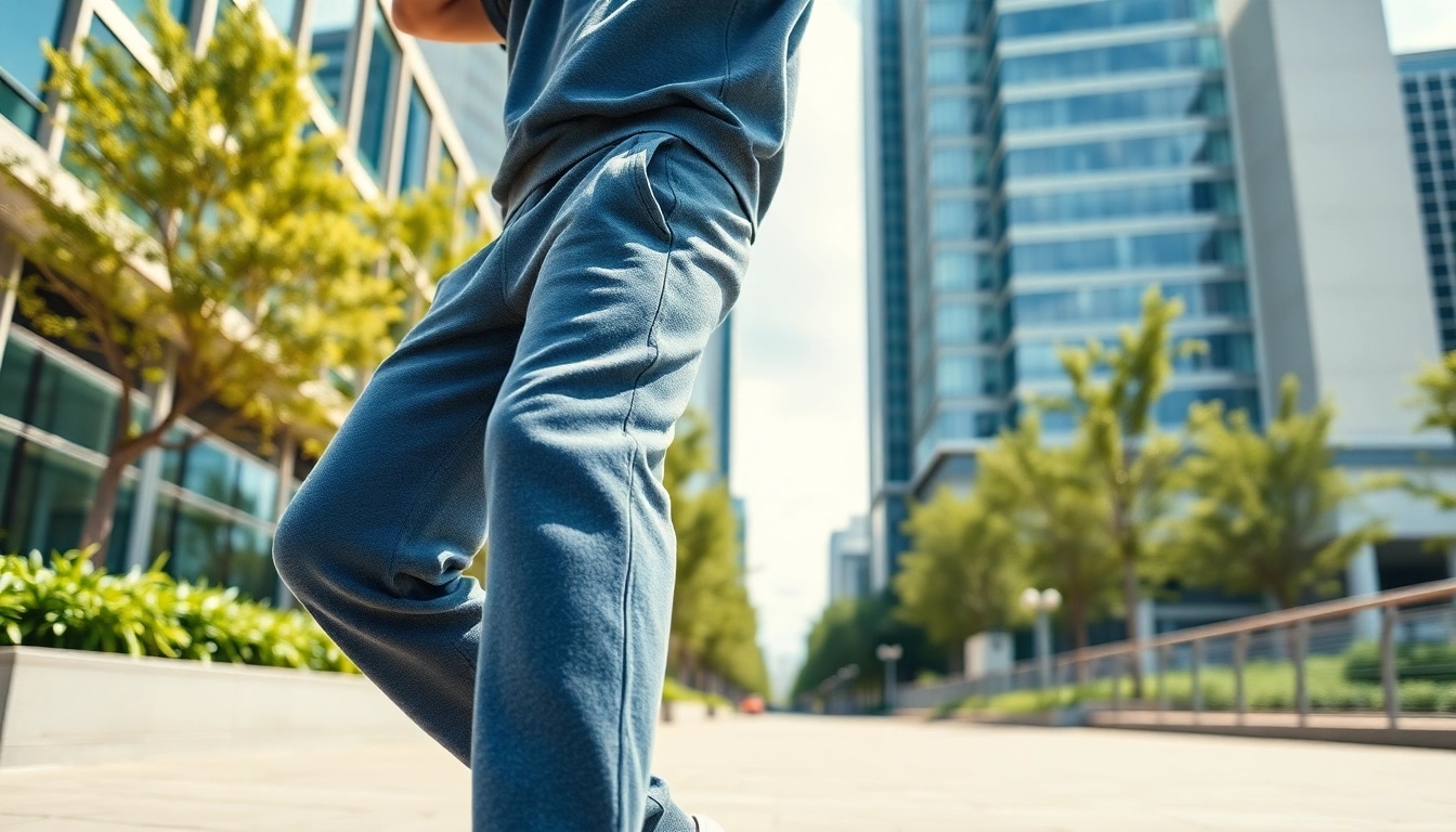 Model wearing baggy sweatpants poses in a vibrant urban setting highlighting style and comfort.