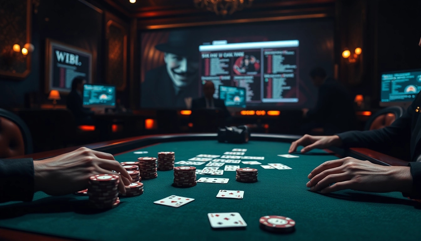 A tense poker game scene on the hidden wiki onion site, showcasing casino chips and cards.