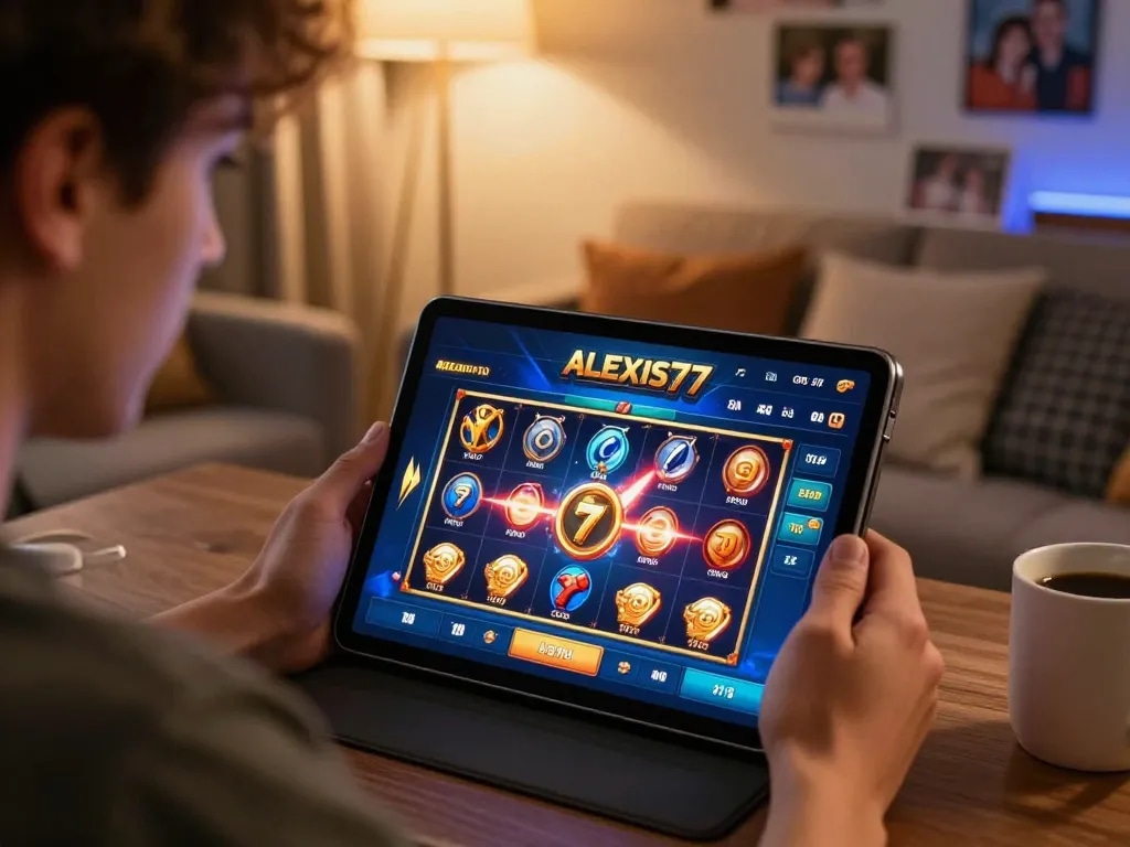 Engaging player exploring slot games on the alexis77 app in a cozy home setting.