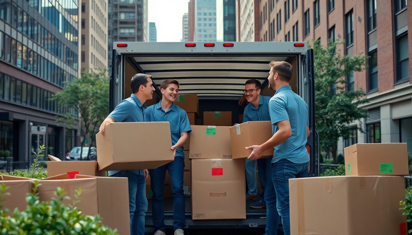 Boston moving company team efficiently packing a truck amidst a vibrant urban backdrop.