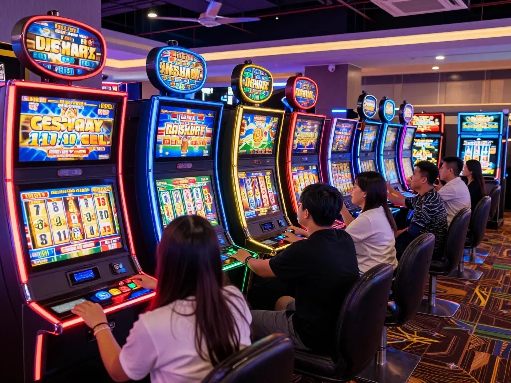 Engaged players enjoying excitement at link slot kamboja machines in a lively casino environment.