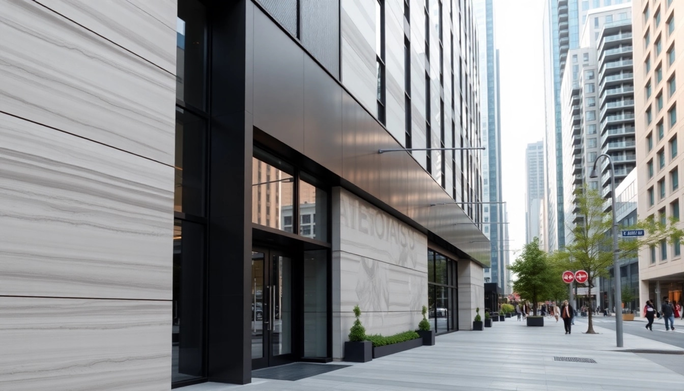 Showcase of Modern Exterior Facade Panels on a contemporary building in a vibrant urban setting.