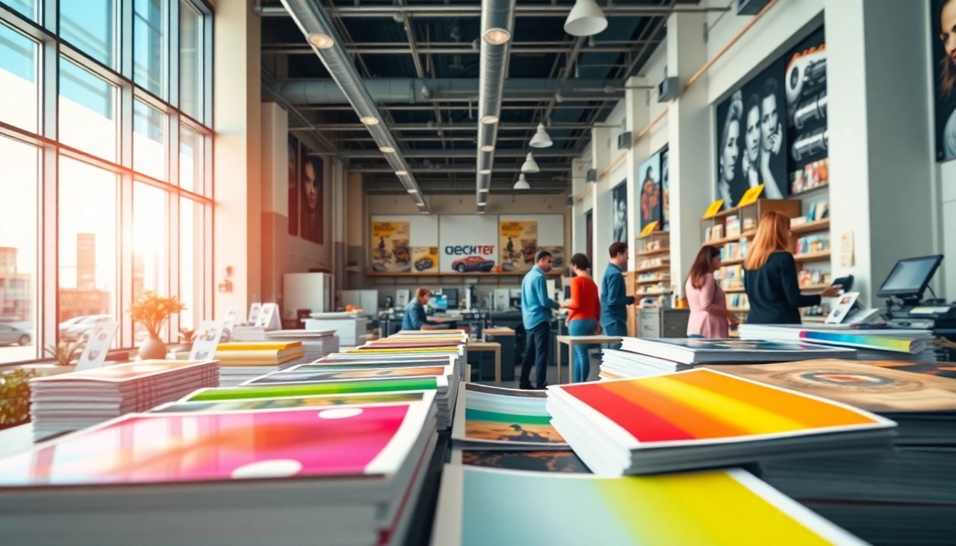 Enhance your printing edmonton experience with vibrant print displays in a modern shop setting.