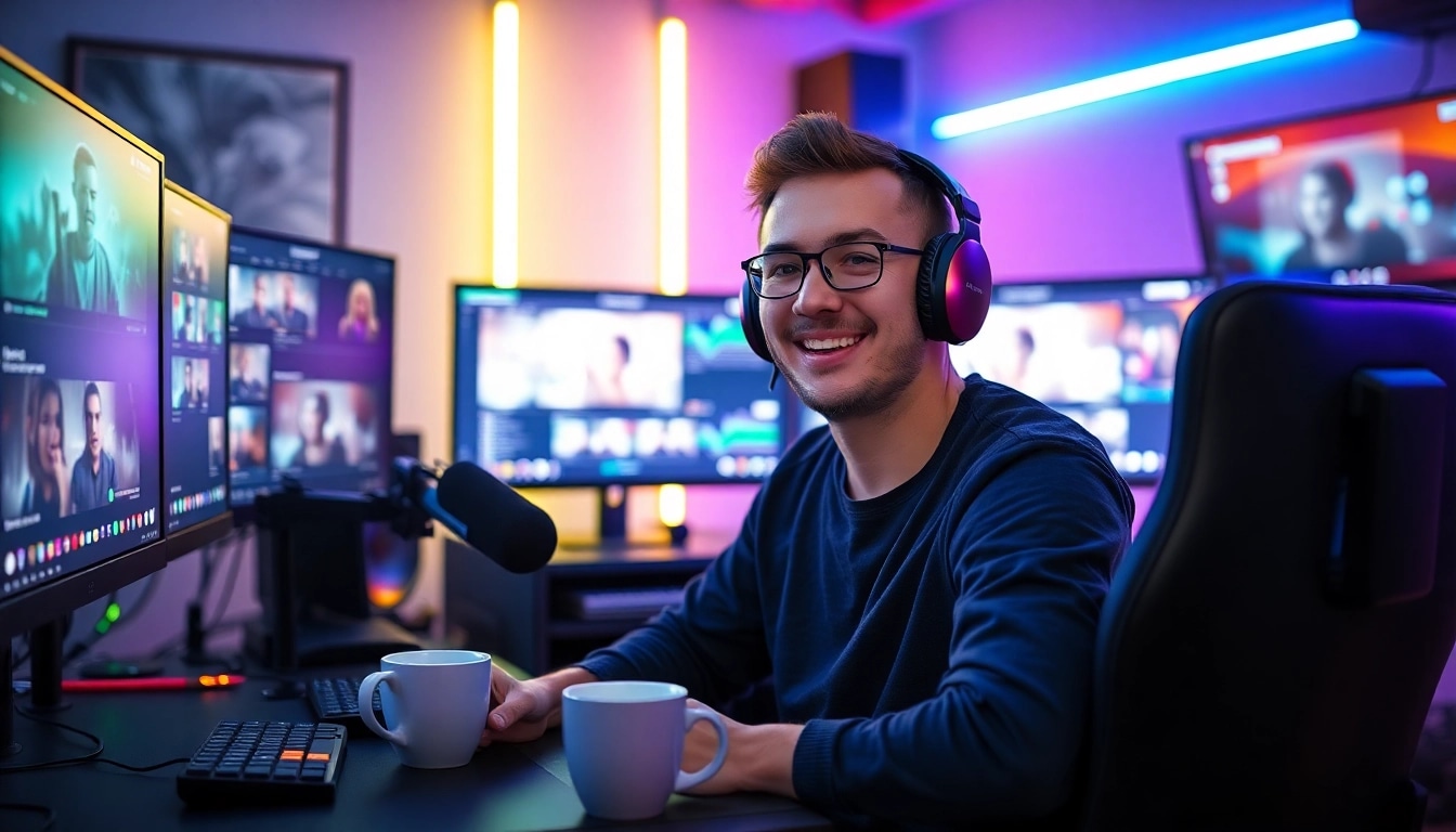 Stream clips editing at https://streamgen.cc with a dynamic gaming setup and vibrant screens.