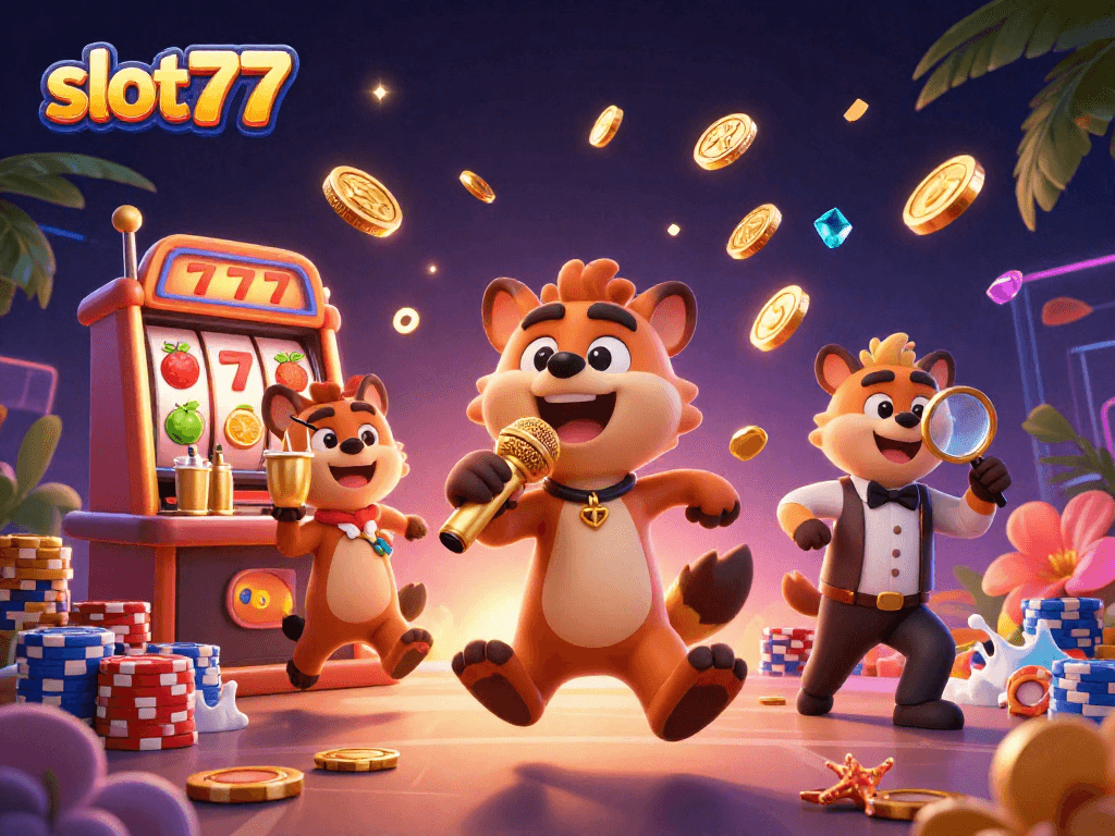 Experience exciting wins at slot777, featuring dynamic hyenas in a colorful casino setting.