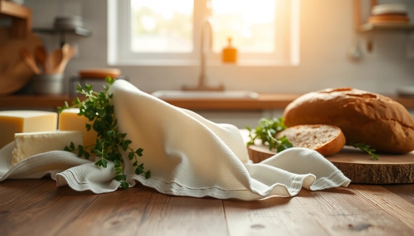 Kaasdoek met vers gemaakte kaas en kruiden op een houten aanrecht.
