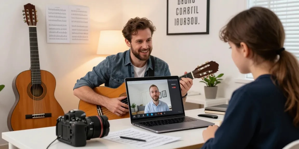 Engaging virtual lesson with a classical guitar teacher online focused on personalized instruction.