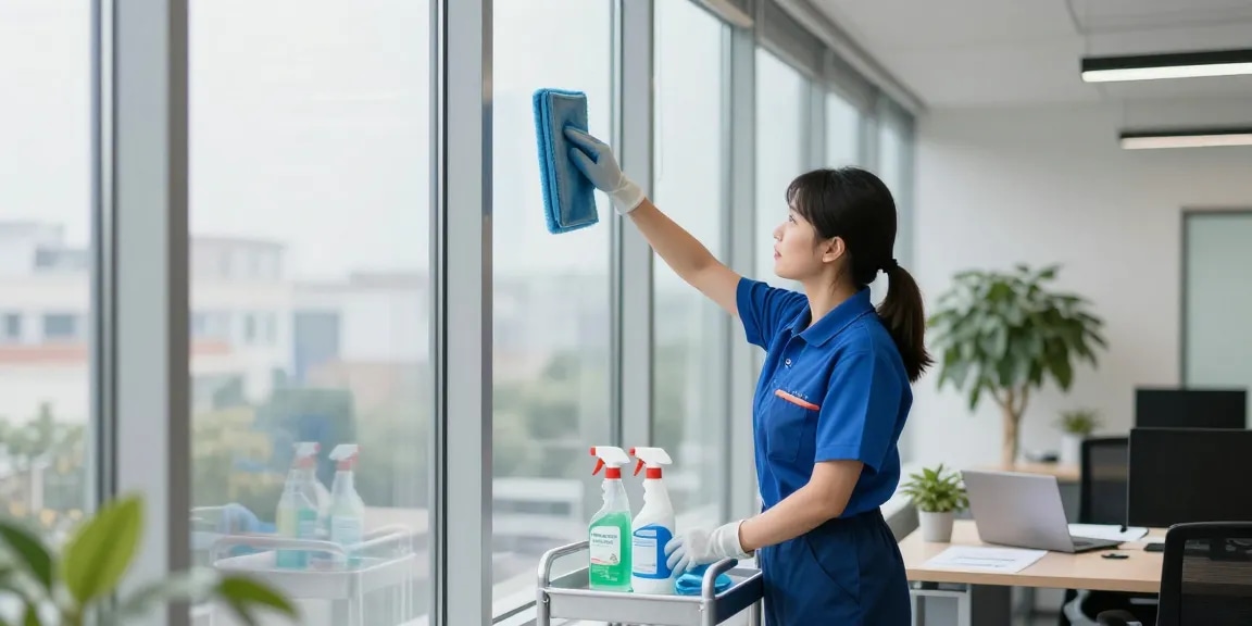 Professionelle Gebäudereinigung mit umweltfreundlichen Produkten in einem modernen Büro