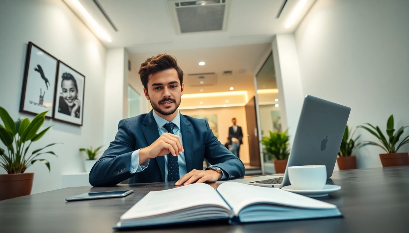 출장 meeting in a modern office setting with a businessperson engaged in work.