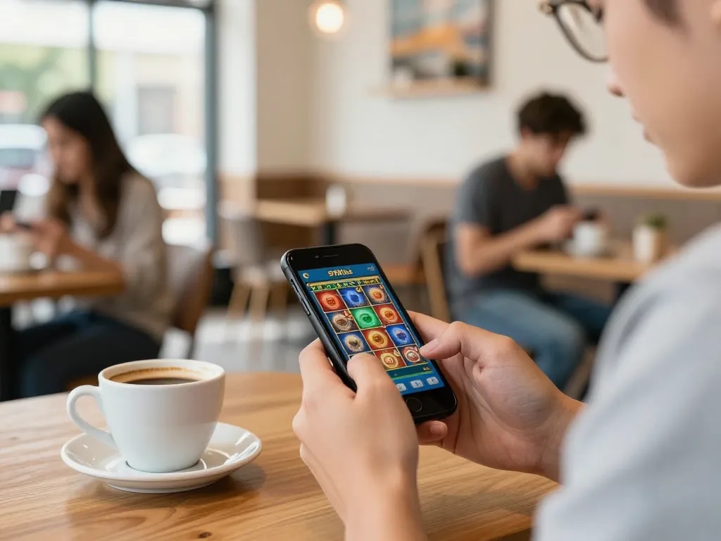 Engaging mobile gaming moment with 918Kiss app showing popular slot options in cozy cafe.