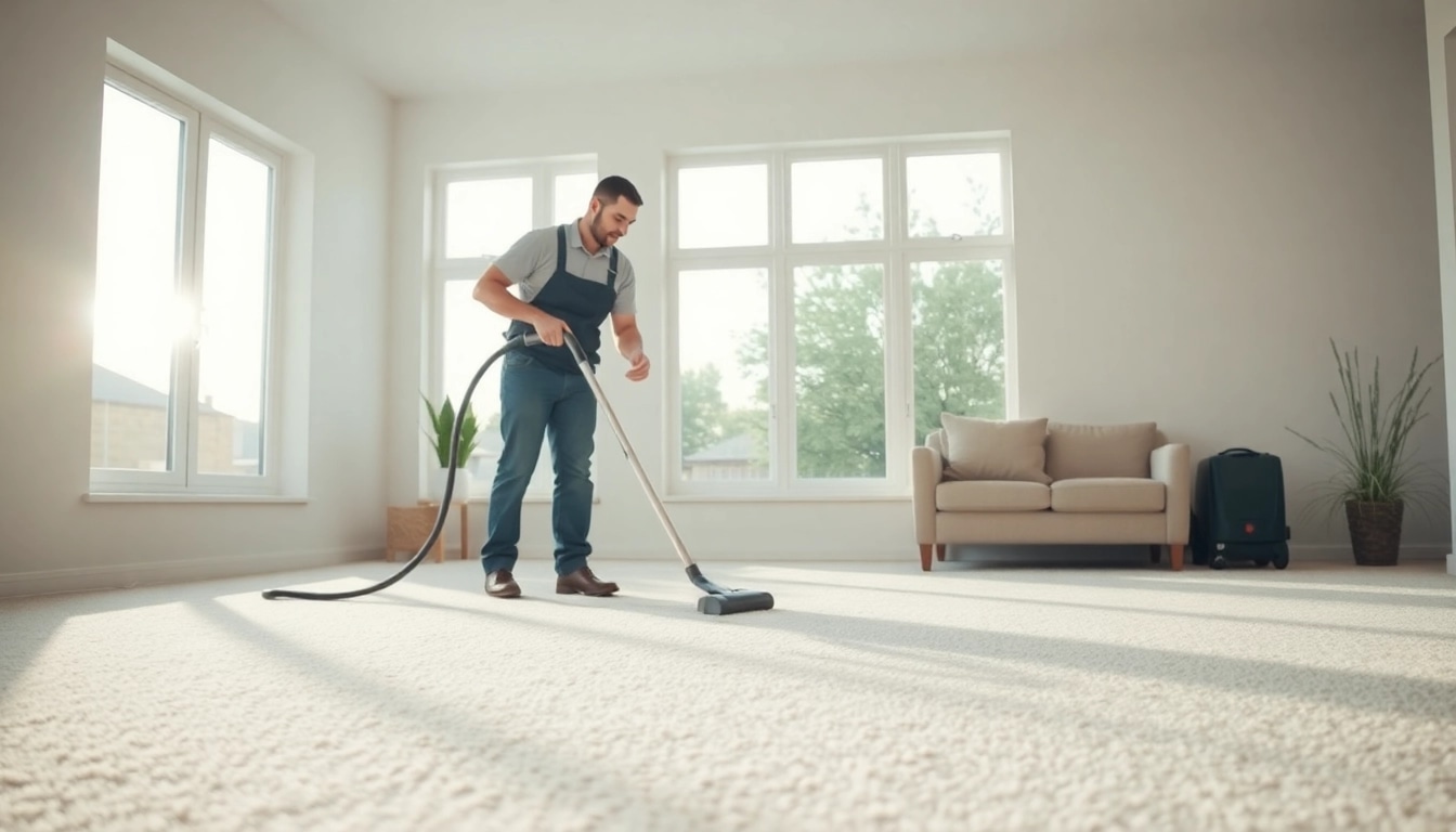 Local carpet cleaners efficiently cleaning a bright, welcoming living room.