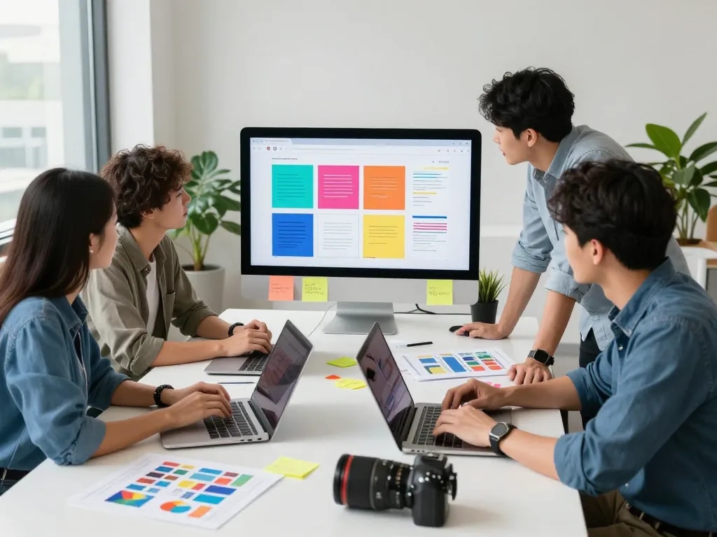 A creative team of web designer Malaysia collaborating in a bright office to develop innovative solutions.