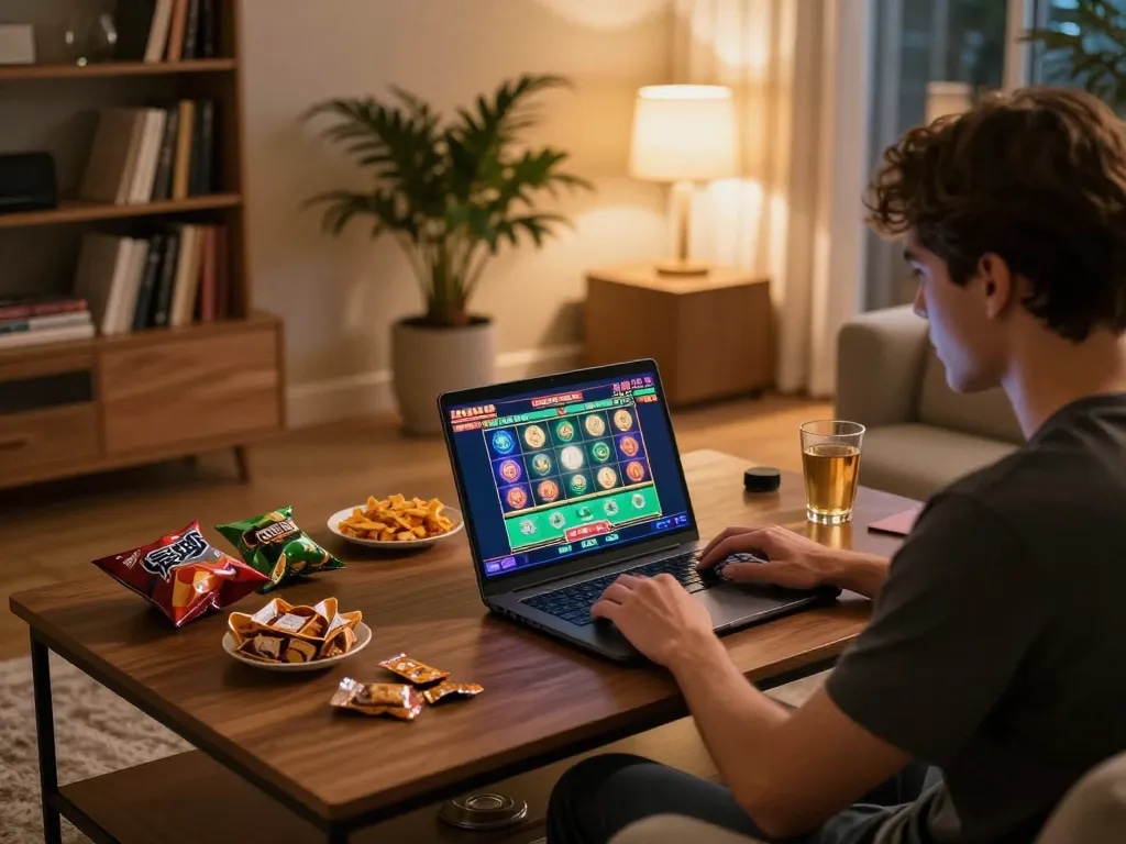 g28 trang chủ - Engaged player enjoying online slots in a cozy home setting with warm lighting
