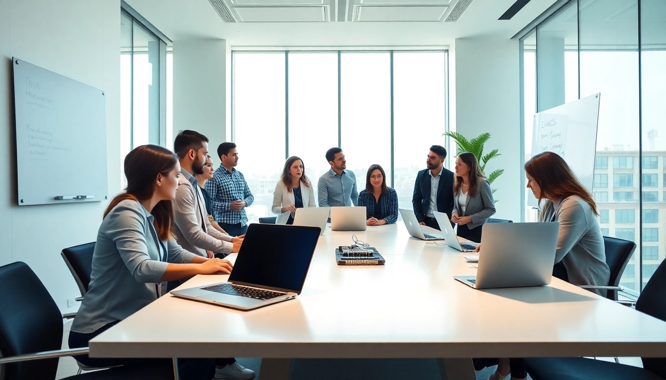 Marketing Agency team brainstorming strategies in a modern office environment.