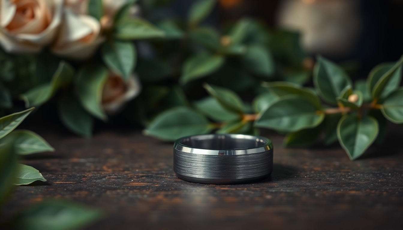 Showcase of Gunmetal Wedding Bands for Men with a polished tungsten band and natural ambiance.