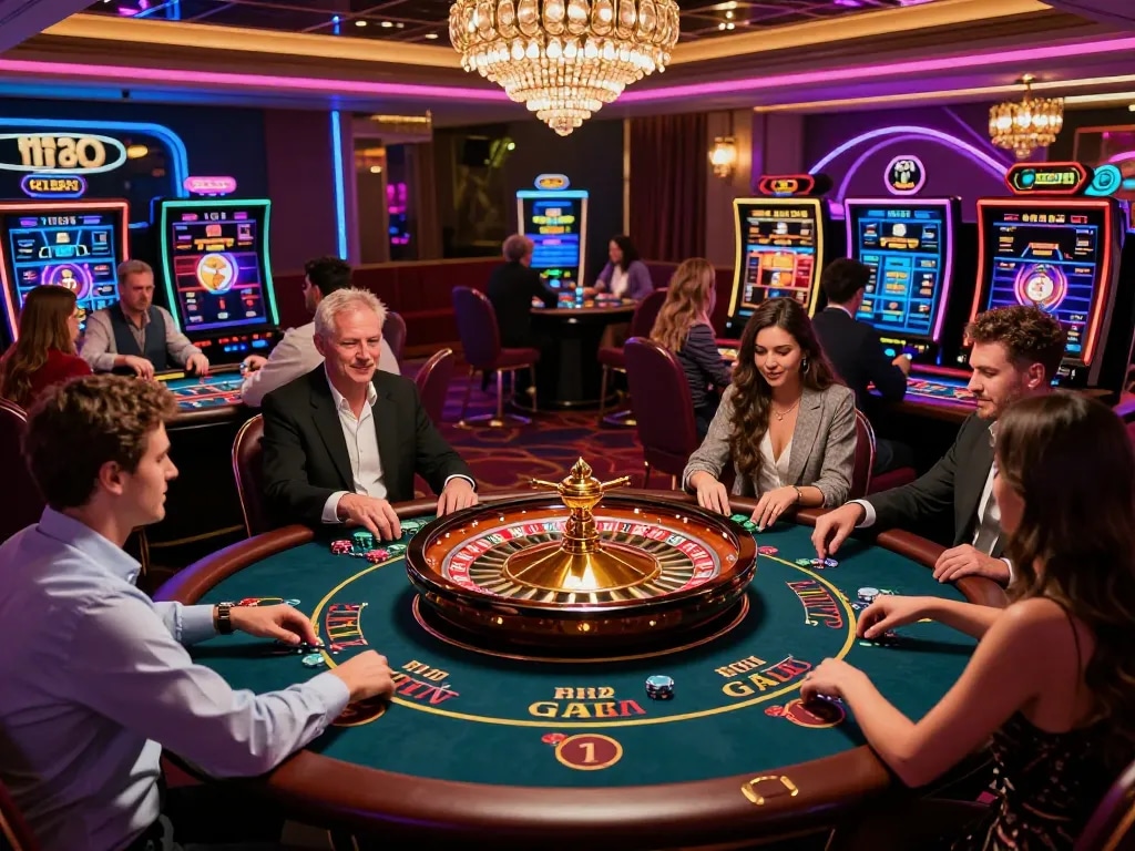 Experience the vibrant and luxurious atmosphere of casino hubet88 with players enjoying poker and baccarat amidst neon lights and engaging audio.