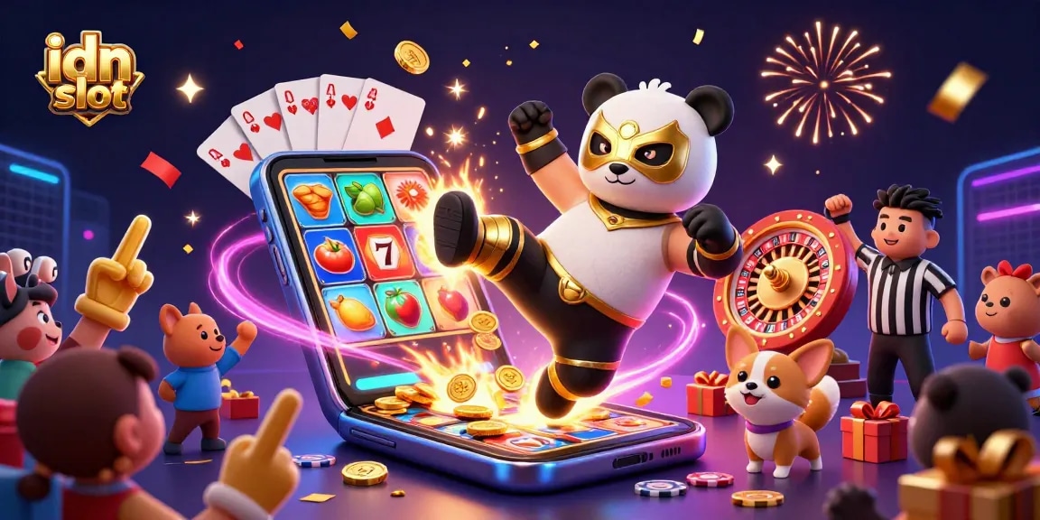 Engaging scene of idn slot action featuring a wrestler panda and cheering animal crowd amidst vibrant casino elements.