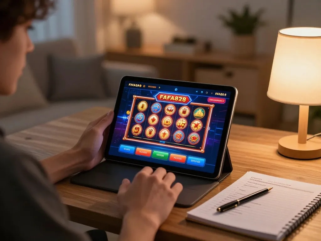 Engaging with FAFA828 online casino gaming strategies at home, showing a cozy and responsible gaming setup.