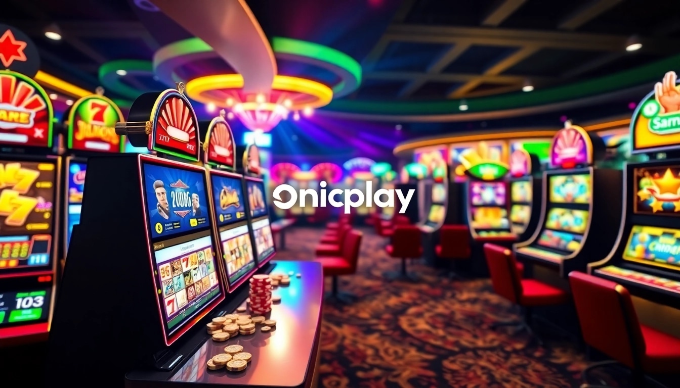 Engaging Onicplay platform with vibrant slot machines and poker chips for thrilling gambling experience.