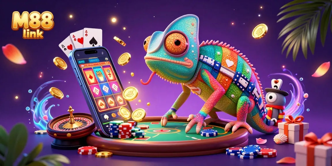 M88 link showcases a colorful casino scene highlighting the chameleon owner, slot games, and exciting gambling elements.