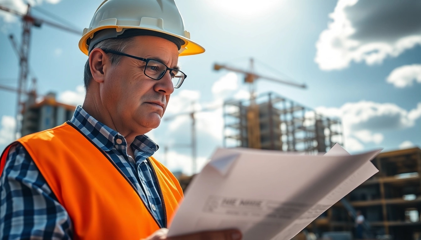 New Jersey General Contractor reviewing plans at a bustling construction site.