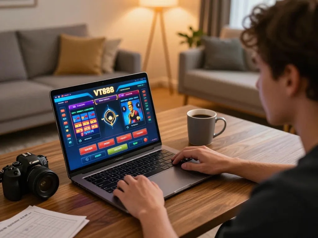 Engaging in online gambling on VT888, showcasing an interactive gaming session at home.