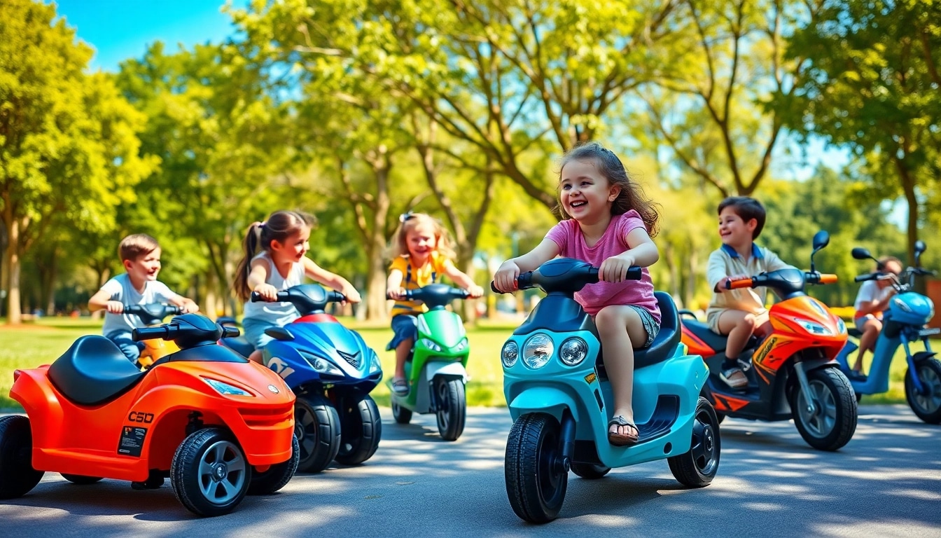 Children enjoying various ride on toys in a lively park setting.