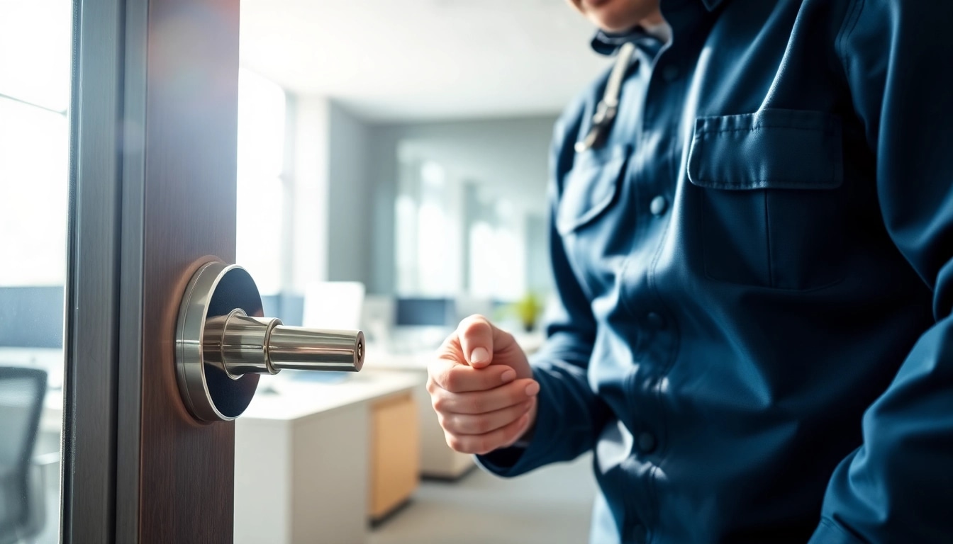 Business lock replacement services provided by a professional locksmith in an office setting.