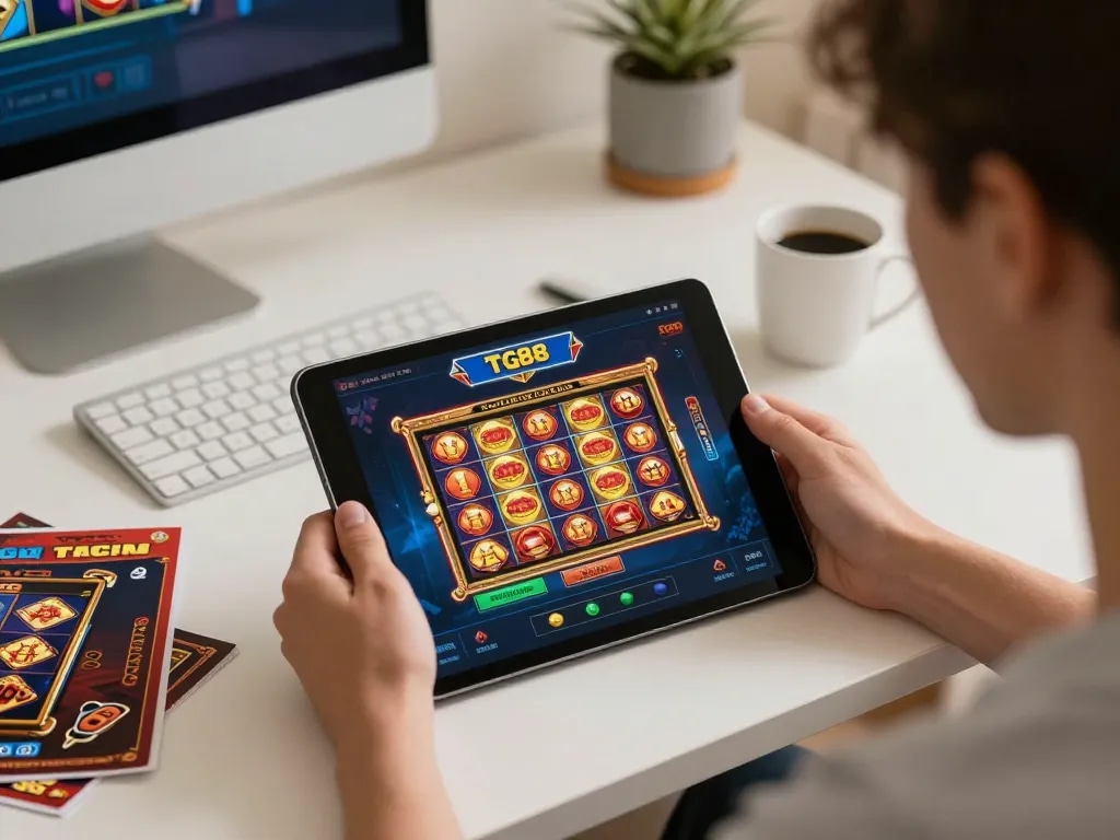 Engaged player using tg88 app for online casino games in cozy home setting