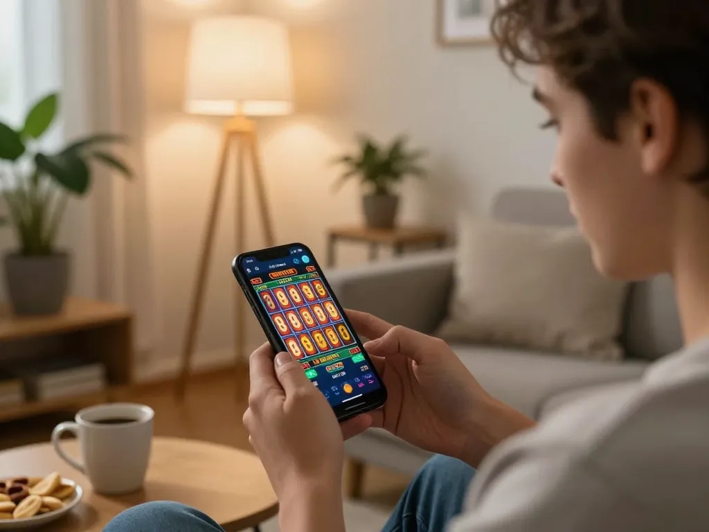 Player enjoying winstrike69 on a smartphone in a cozy living room, engaged in online slots.