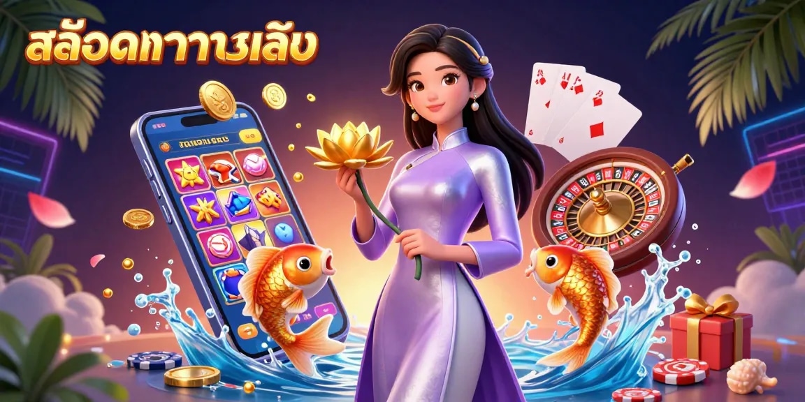 Engage in สล็อตทดลองเล่น with a vibrant 3D illustration showcasing an elegant Asian woman, golden koi, and gaming elements.