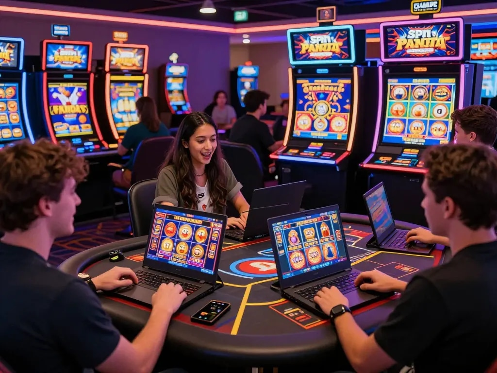 Players enjoying Spin Panda online casino games in a vibrant virtual environment, showcasing excitement and colorful slot graphics.
