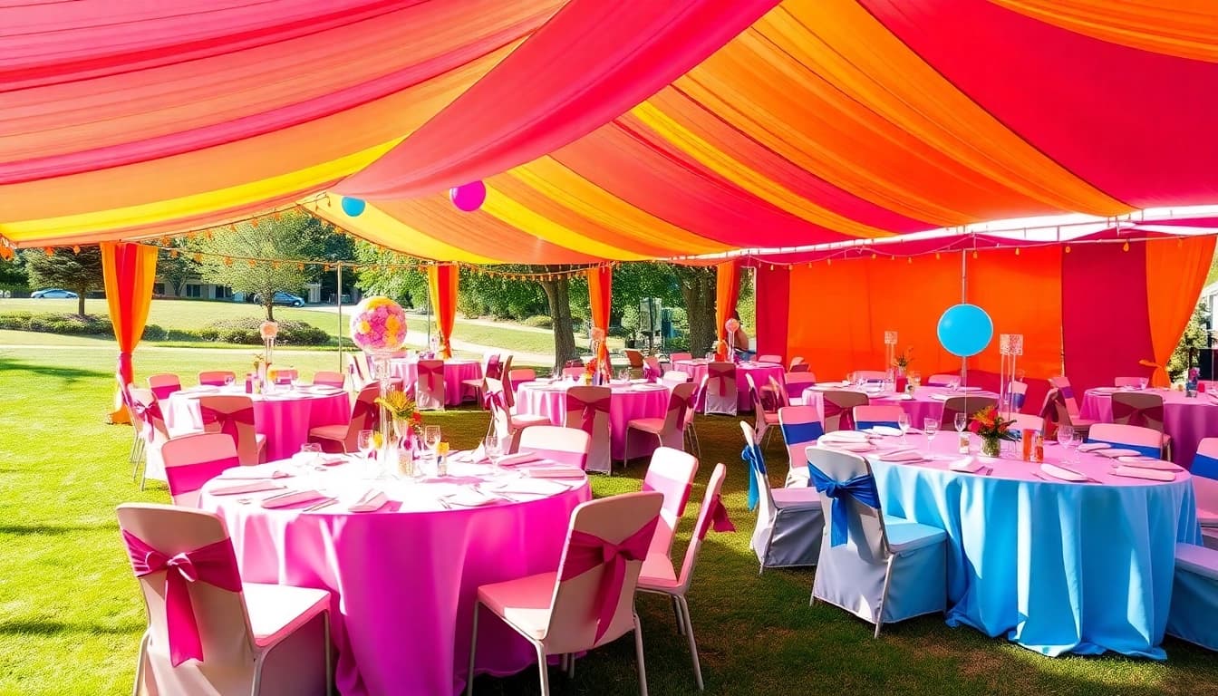 Engaging party rentals setup featuring colorful decorations and elegant table arrangements.
