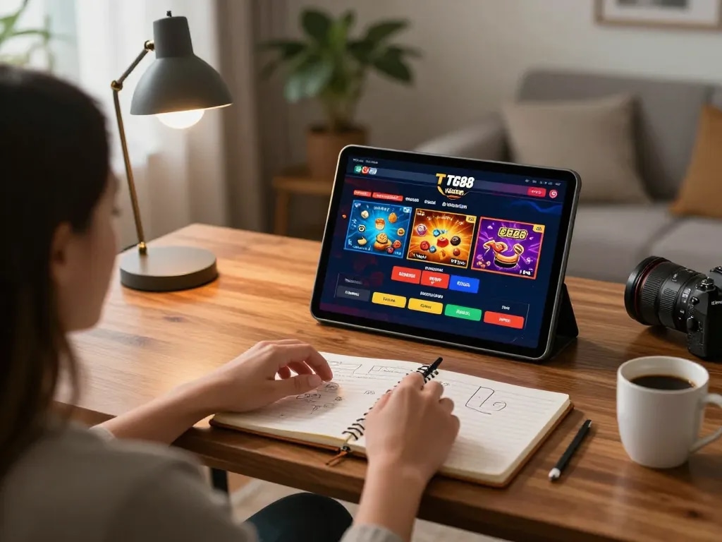 TG88 home player engaging strategically in online casino gaming with tablet interface and notes.